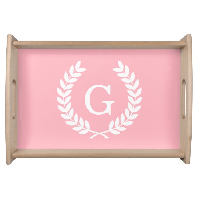 Pink White Wheat Laurel Wreath Initial Monogram Serving Tray (Front)