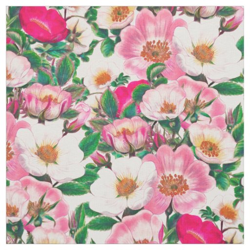 Pink & White Wild Rose Flowers Pattern Fabric