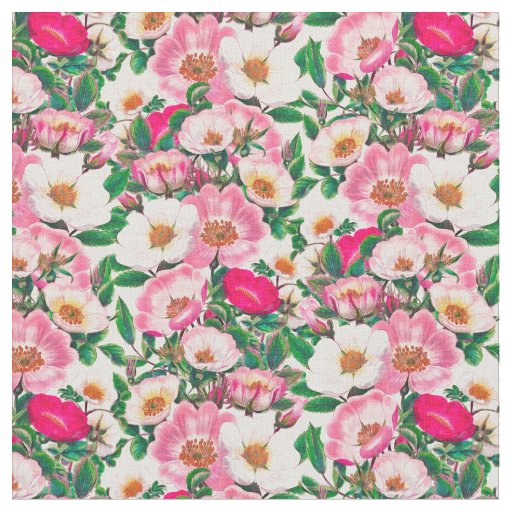 Pink & White Wild Rose Flowers Pattern Fabric