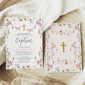 Pink White Wildflowers Butterfly Baptism  Invitation by Sugar_Puff_Kids at Zazzle