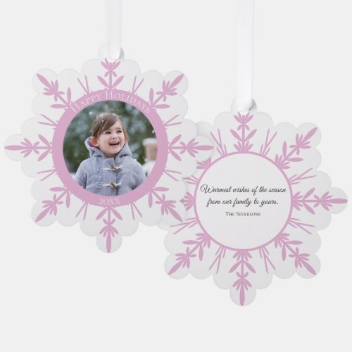 Pink White Winter Snowflake Happy Holidays Dated Ornament Card