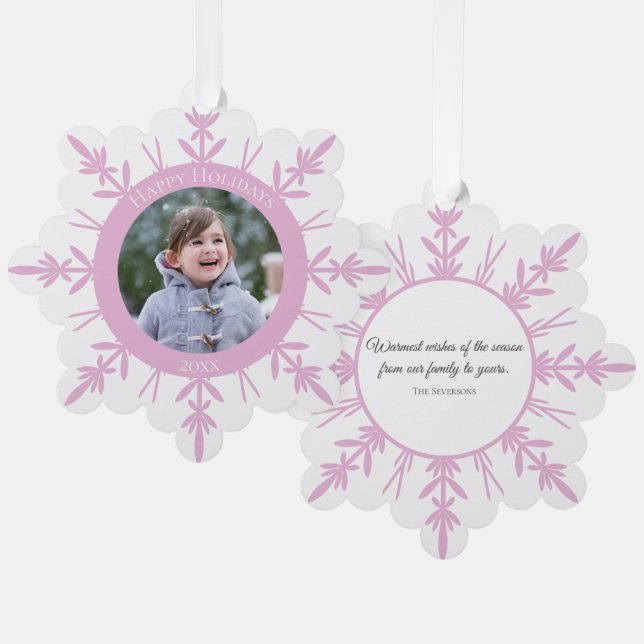 Pink White Winter Snowflake Happy Holidays Dated Ornament Card (Front/Back)
