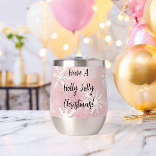 Pink White Winter Snowflakes Christmas Thermal Wine Tumbler