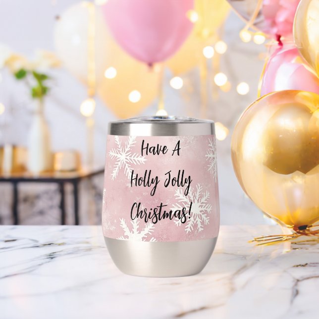 Pink White Winter Snowflakes Christmas Thermal Wine Tumbler (Bachelor Party (Rotated))