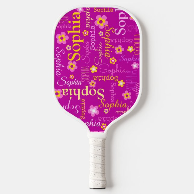 Pink white yellow flowers girls custom name  pickleball paddle (Front)