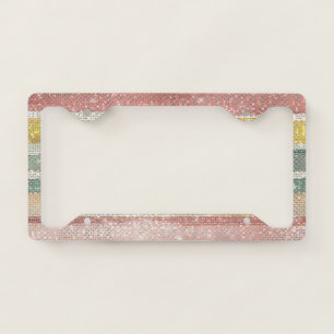 Pink White Yellow Green Rose Sparkle Stripes License Plate Frame