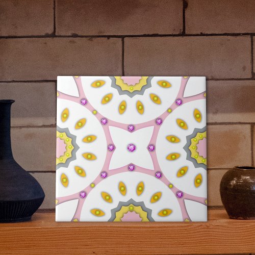 Pink White  Yellow Moroccan Pattern With Diamonds Ceramic Tile