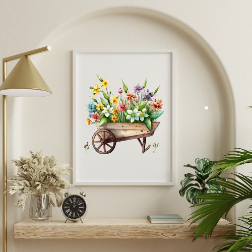 Pink White Yellow Purple Flowers in Wheel Barrel Poster