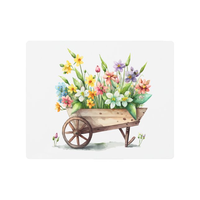 Pink White Yellow Purple Flowers Wood Wheel Barrel Metal Print (Front)