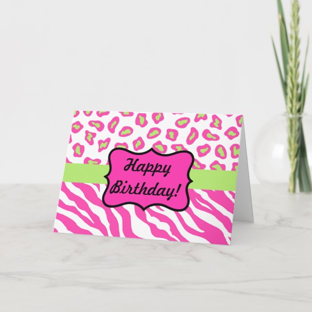 Pink & White Zebra & Cheeta Skin Personalized Card (Front)