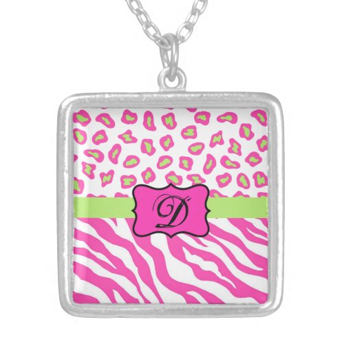 Pink  White Zebra  Cheeta Skin Personalized Silver Plated Necklace