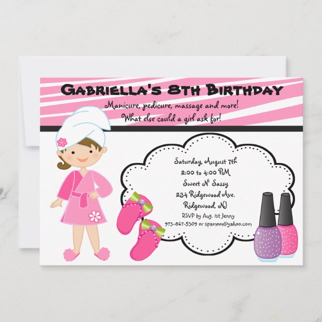 Pink & White Zebra Girls Spa Invite (Front)