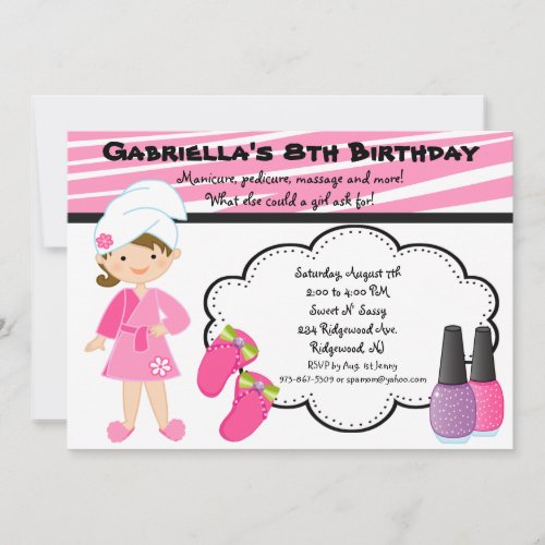 Pink &amp; White Zebra Girls Spa Invite