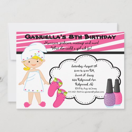 Pink &amp; White Zebra Girls Spa Invite