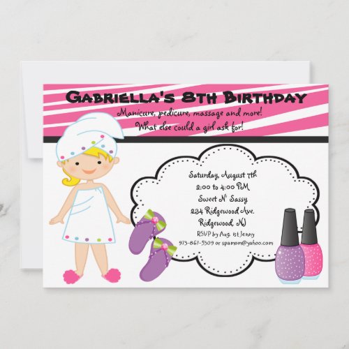 Pink &amp; White Zebra Girls Spa Invite