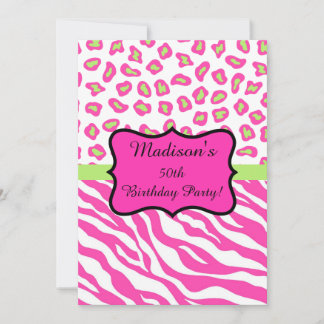 Pink White Zebra Leopard 50th Birthday Party Invitation