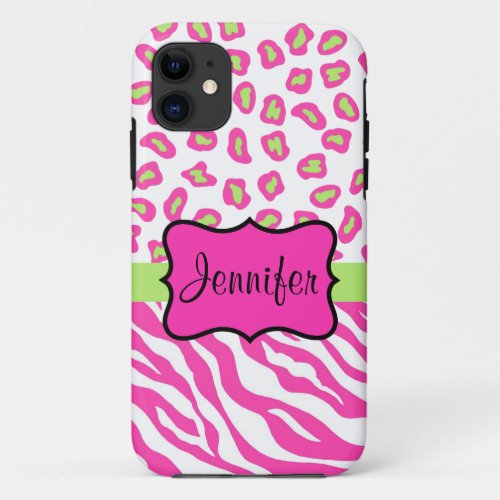 Pink White Zebra Leopard Skin Name Personalized iPhone 11 Case