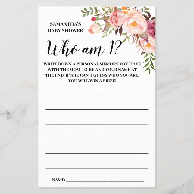 Pink Who am I Baby shower bilingual game card Flyer (Front)