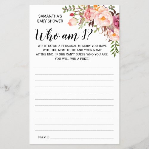 Pink Who am I Baby shower bilingual game card Flyer