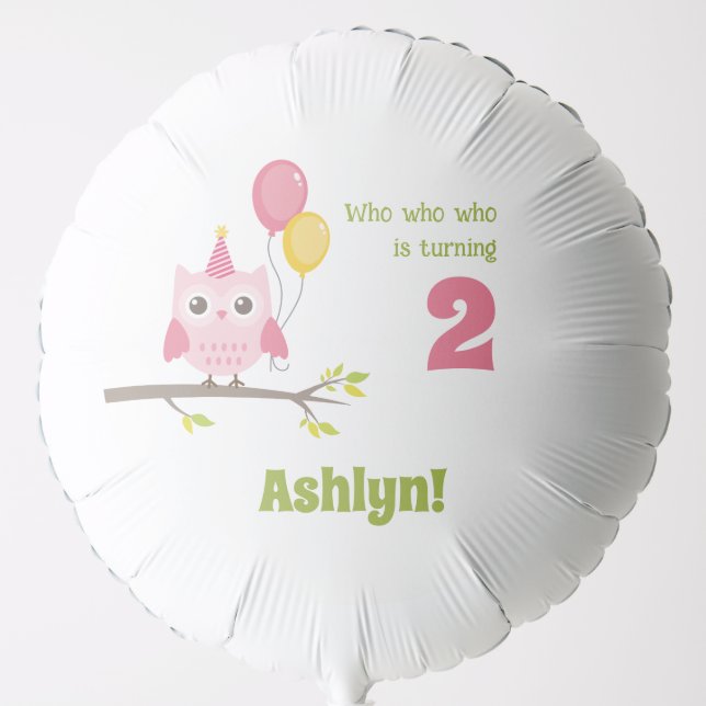 Pink Who Is Turning 2 Party Owl 2nd Birthday Balloon (Front)