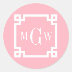 Pink Wht Greek Key #2 Framed 3 Init Monogram Classic Round Sticker
