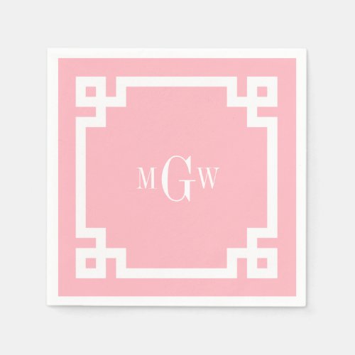 Pink Wht Greek Key 2 Framed 3 Init Monogram Paper Napkins