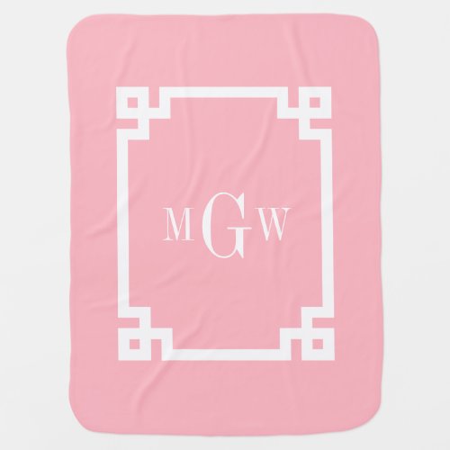 Pink Wht Greek Key 2 Framed 3 Init Monogram Swaddle Blanket
