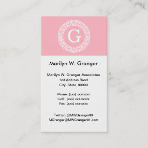 Pink Wht Greek Key Rnd Frame Initial Monogram Business Card