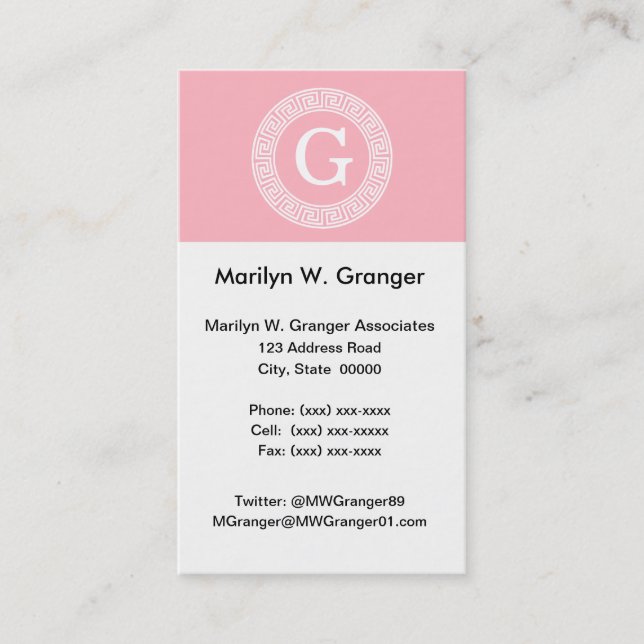 Pink Wht Greek Key Rnd Frame Initial Monogram Business Card (Front)