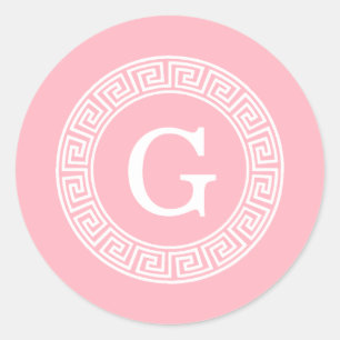 Pink Wht Greek Key Rnd Frame Initial Monogram Classic Round Sticker