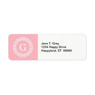Pink Wht Greek Key Rnd Frame Initial Monogram Label