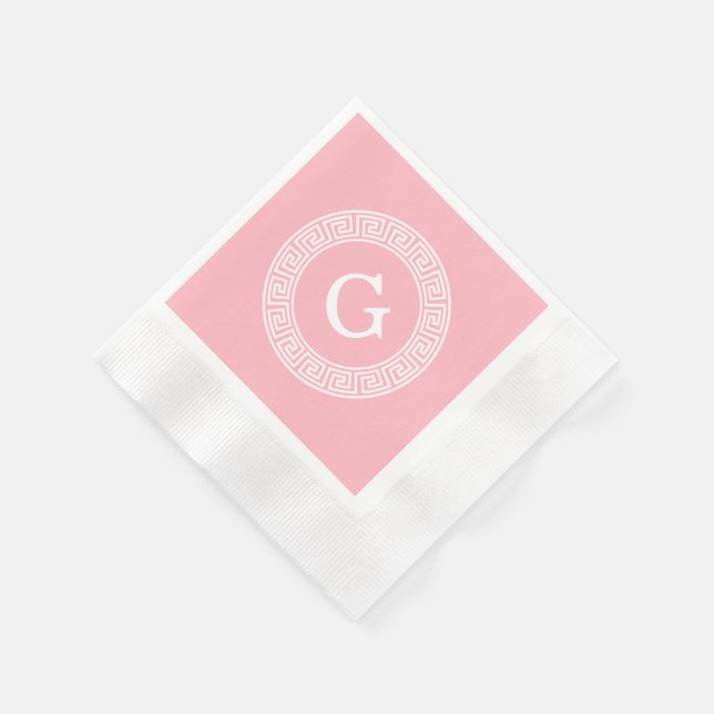 Pink Wht Greek Key Rnd Frame Initial Monogram Napkins (Corner)