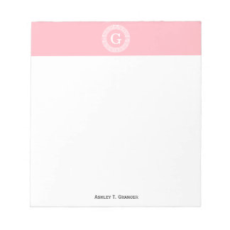 Pink Wht Greek Key Rnd Frame Initial Monogram Notepad