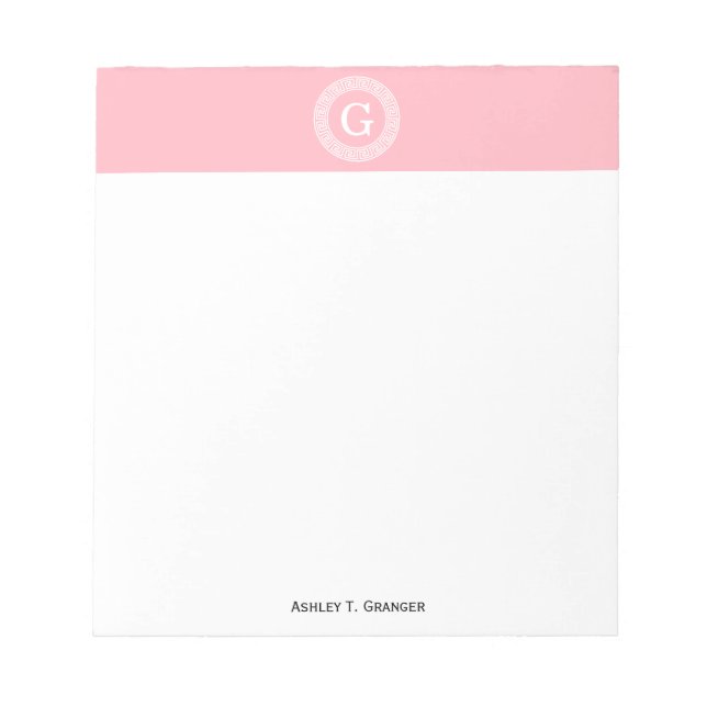Pink Wht Greek Key Rnd Frame Initial Monogram Notepad (Front)