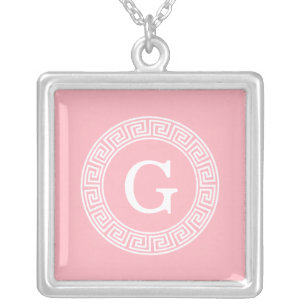 Pink Wht Greek Key Rnd Frame Initial Monogram Silver Plated Necklace
