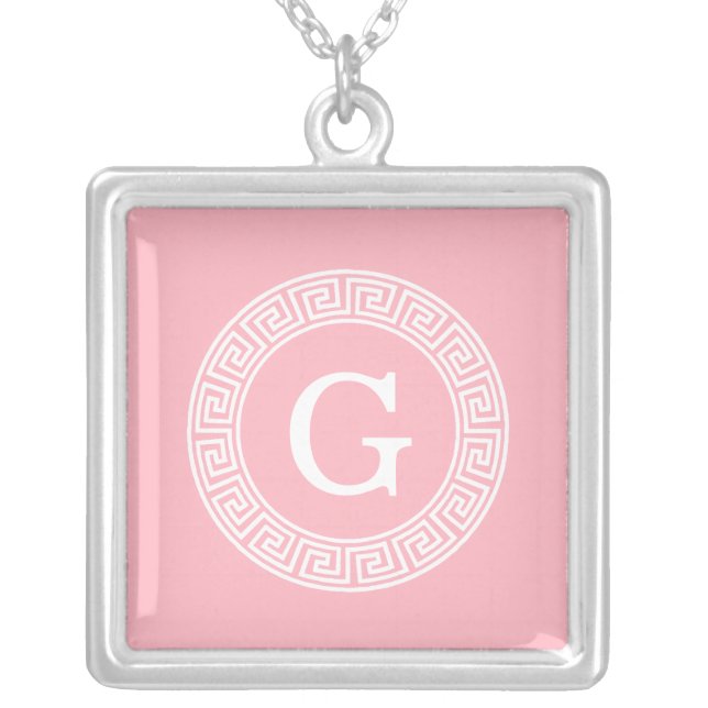Pink Wht Greek Key Rnd Frame Initial Monogram Silver Plated Necklace (Front)