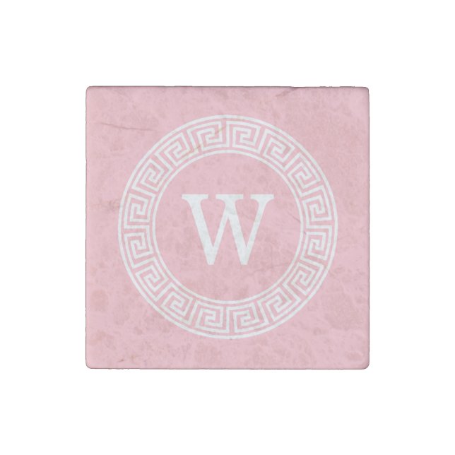 Pink Wht Greek Key Rnd Frame Initial Monogram Stone Magnet (Front)