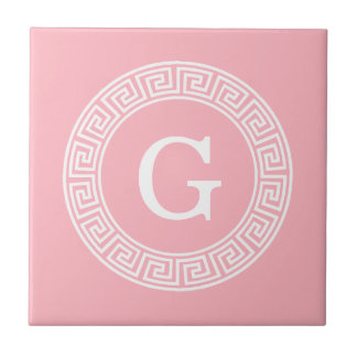 Pink Wht Greek Key Rnd Frame Initial Monogram Tile