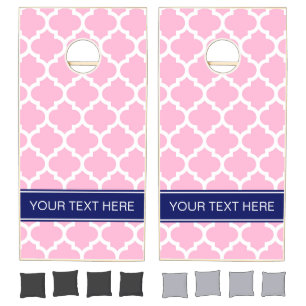Pink Wht Moroccan #5 Navy Blue 5c Name Monogram Cornhole Set
