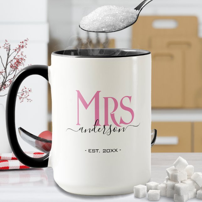 Pink Wife Bride Mrs Wedding Anniversary Mug (pink Mrs. accent coffee mug for a wife / bride)