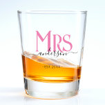 Pink Wife Bride Mrs Wedding Anniversary Shot Glass<br><div class="desc">Celebrate your holy matrimony with this cute Mrs. shot glass for wives.  Customize it by adding your last name / surname and wedding anniversary year date.  Pink and black elegant font.  Great anniversary or birthday gift for a wife.</div>