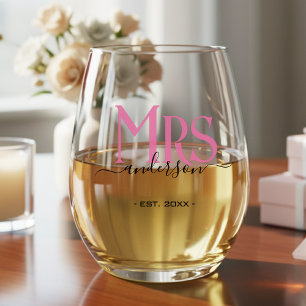 Pink Wife Bride Mrs Wedding Anniversary Stemless Wine Glass