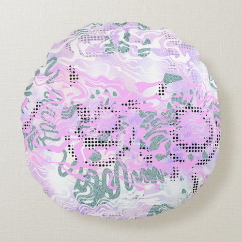 Pink Wiggle lines pouring black dots noise effects Round Pillow