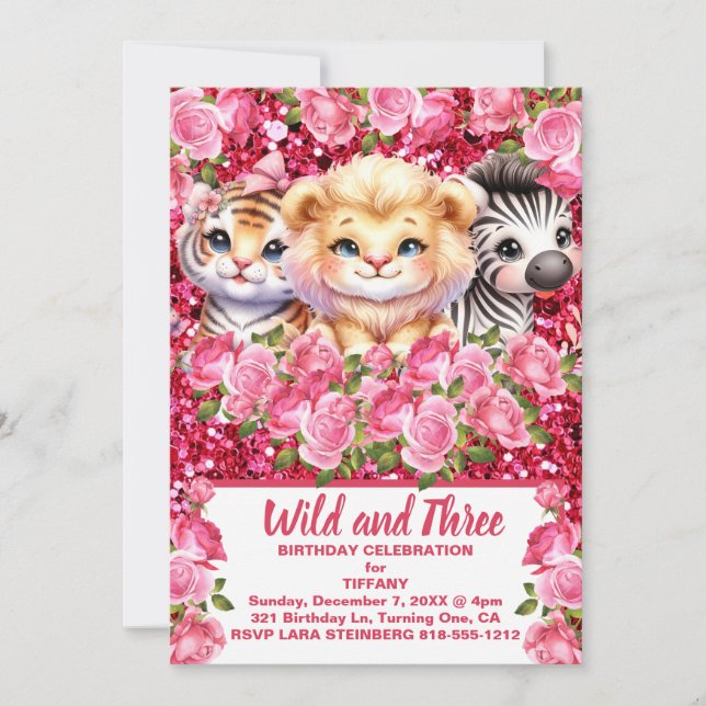 Pink Wild and 3 Years Old Girl's Birthday Party Invitation (Front)