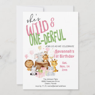 Pink Wild and Onederful Baby's First Birthday Invitation
