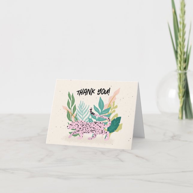 Pink Wild Cat Kids Birthday Party Thank You Card (Front)