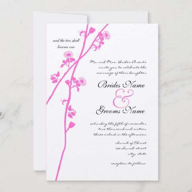 Pink Wild Flower Branch Wedding Invitation (Front)