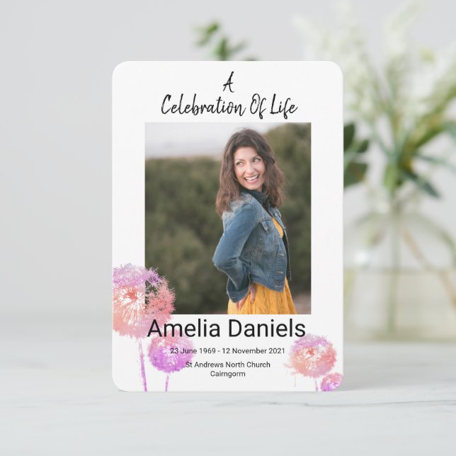 Pink Wild Flower Celebration Of Life Photo Card (Standing Front)