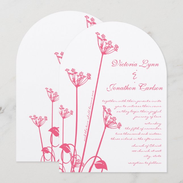 Pink Wild Flower Swirl Wedding Invitation (Front/Back)