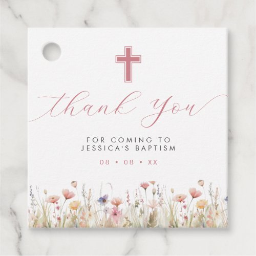 Pink Wild Flowers  Cross Thank You Favor Tags